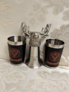 Jägermeister Shot Glasses - 1 Pewter Deer Stag Head & 2 Leather Wrapped Metal